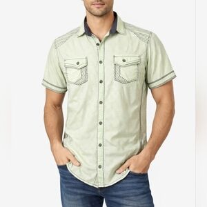 Buckle Black Light Green Button Front Shirt Embroidered Detail Relaxed Fit Large